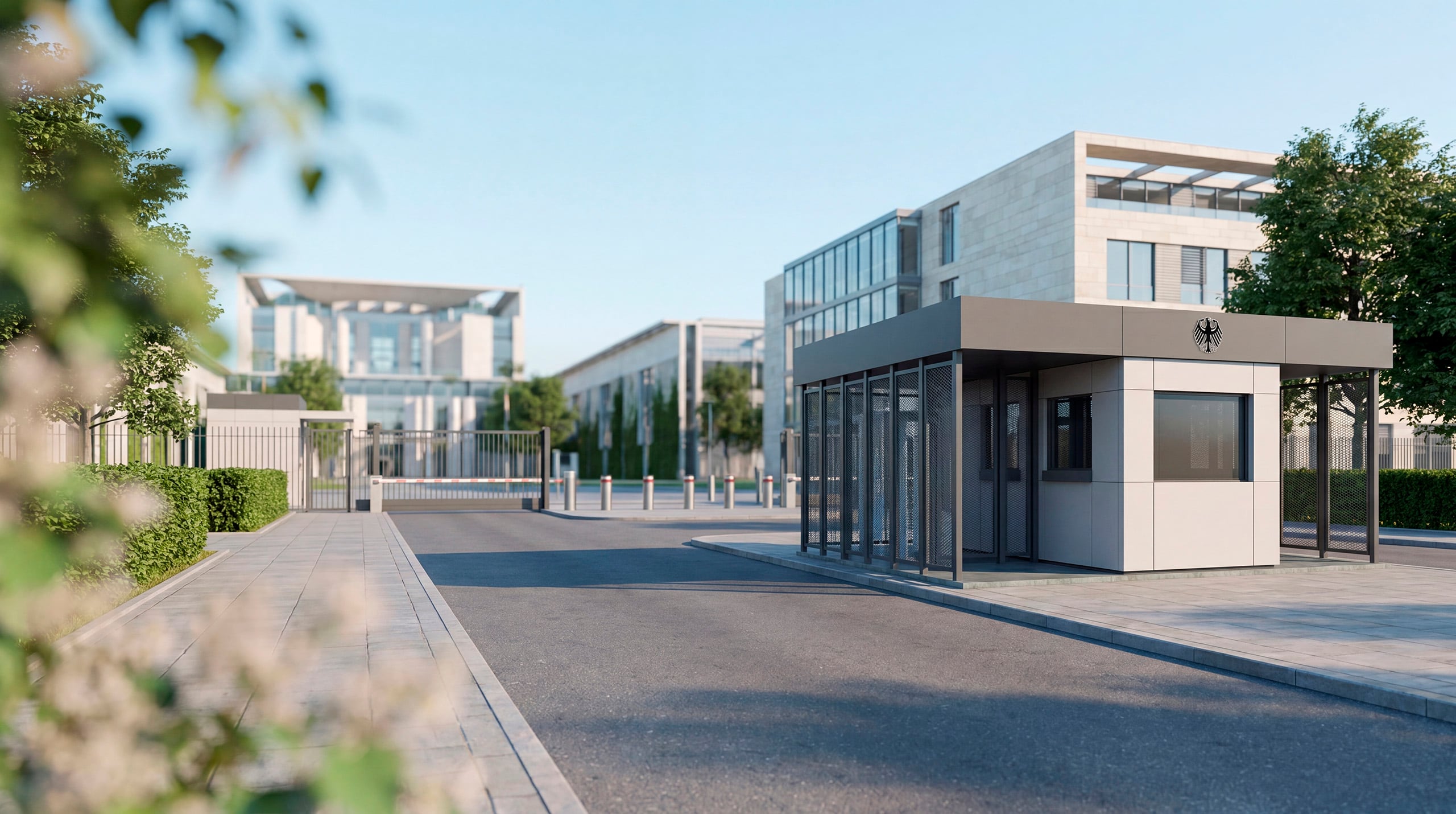 Modulares Wachgebäude an einer gesicherten Zufahrt